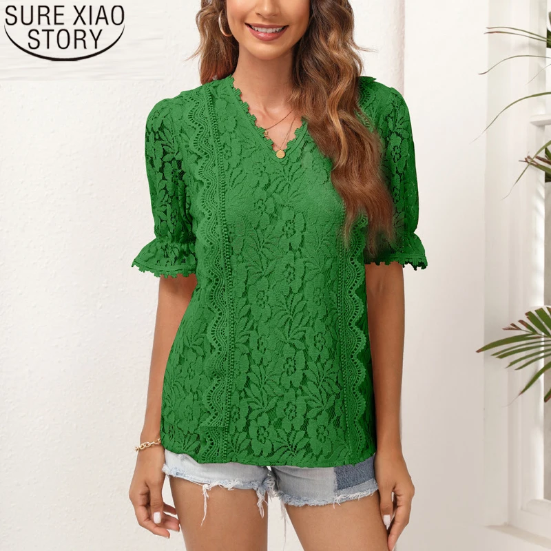 

Vintage V Neck Summer New Blouse Ladies Tops 2022 Hollow Out Lace Blouses Shirts Women Flare Sleeve Solid Sexy Boho Blusas 20937