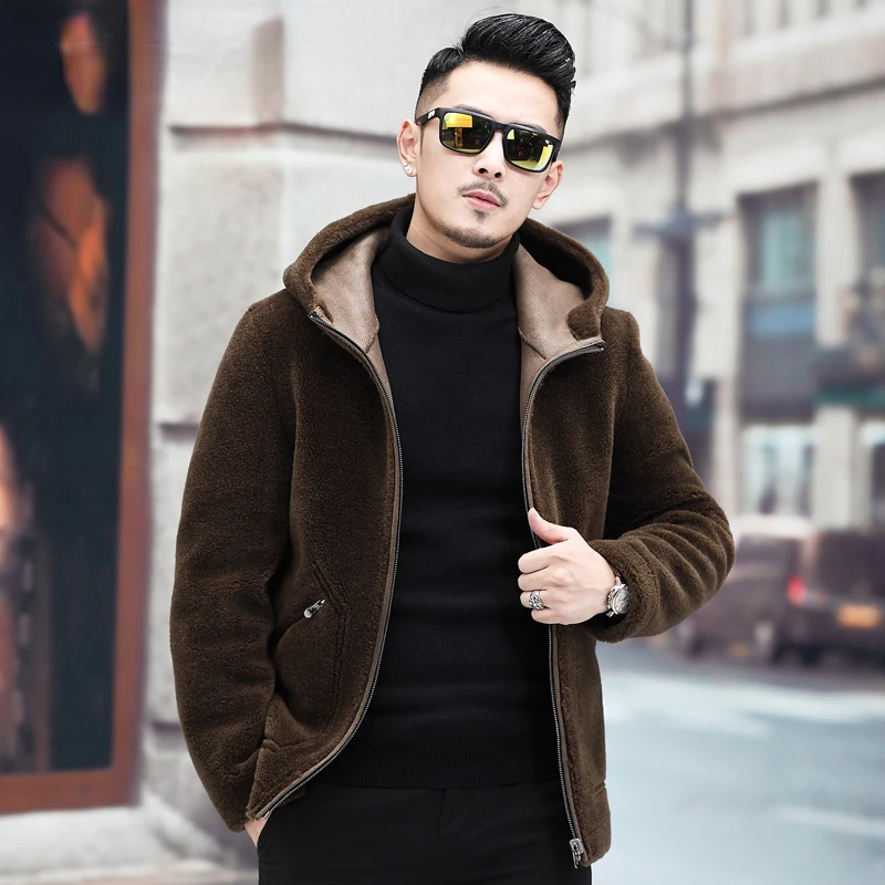 

2022 Autumn Winter Men New Short Double-sided Wear Coats Men's Sheep Shearing Hooded Jackets Male Genuine Lamb Fur Overcoat A364