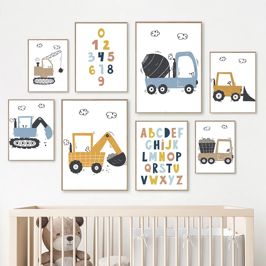 

CartoonTruckExcavator Mixer BulldozerQuotes Wall Art CanvasPainting Pr Prints Pictures Boy Baby Nordic PaintingsKids Room Decor