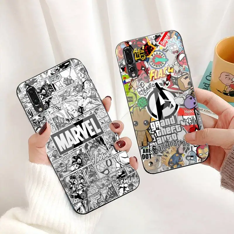 

Чехол для телефона с логотипом комиксов Marvel Мстители, закаленное стекло для Huawei P30 P20 P10 lite honor 7A 8X 9 10 mate 20 Pro