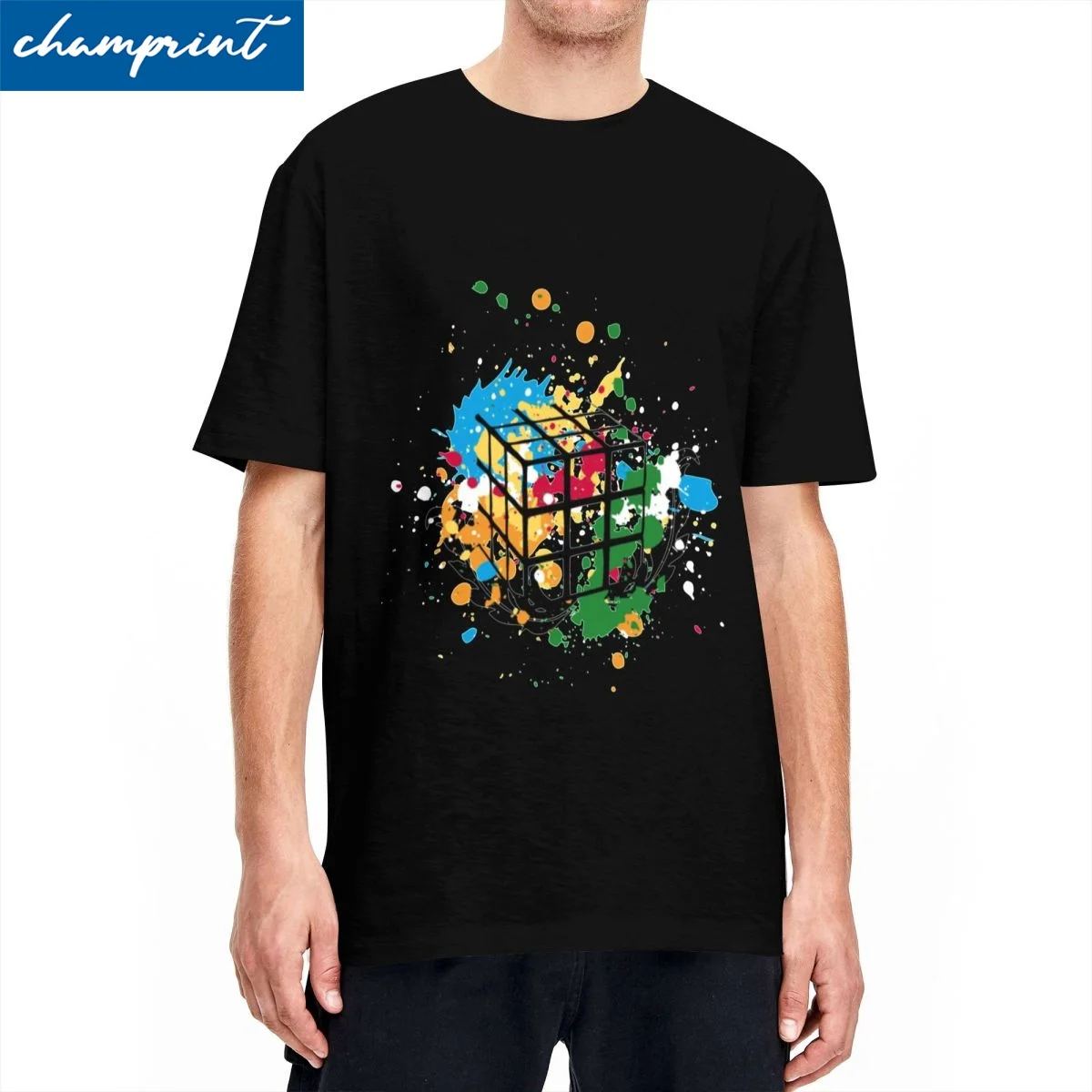 

Hip Hop Colourful Splatters T-Shirt Men Cotton Short Sleeve Cube Crewneck Tops