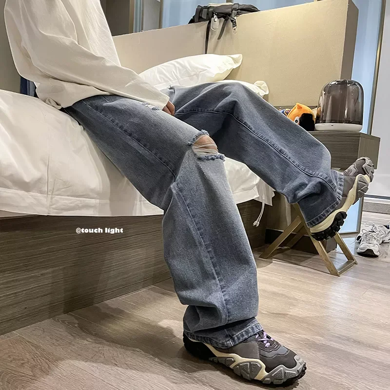 2022New Denim Pant Stretch Destroyed Ripped Design Fashion Hole Straight Jeans For Men Plus Size High Street Biker Jeans