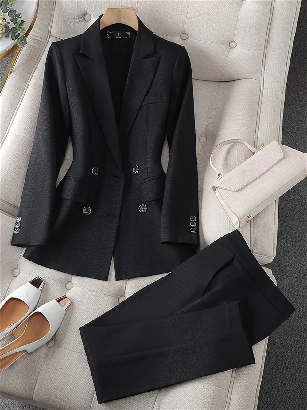 Fashion Ladies Pant Suit 2023 New Black Pink Khaki Blazer + Trouser Elegant Women Office Business Work Wear Formal 2 Piece Set