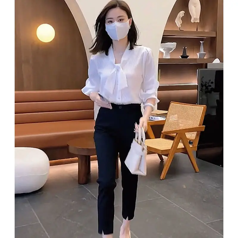 

Women 2022 Spring Summer New OL Suits Female Bow Striped Loose Blouses Ladies High Waist Suit Pants Ladies Two-piece Sets Z34
