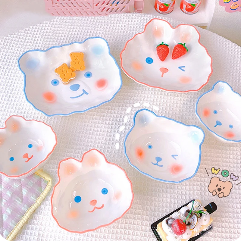 

Cute Bear Bowl Plate Tableware Ceramics Kawaii Fruit Noodle Breakfast Salad Rice Bowl Korean Accessories Utensils For Kitchen