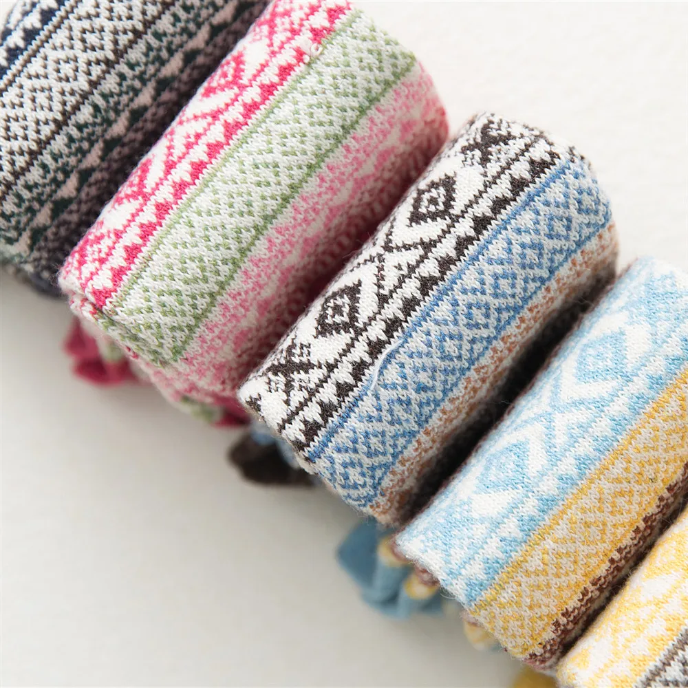 5 Pairs Winter Autumn Women Wool Socks Warmer Ethnic National Style Cashmere Thermal Thicken  Rhombus Women Socks