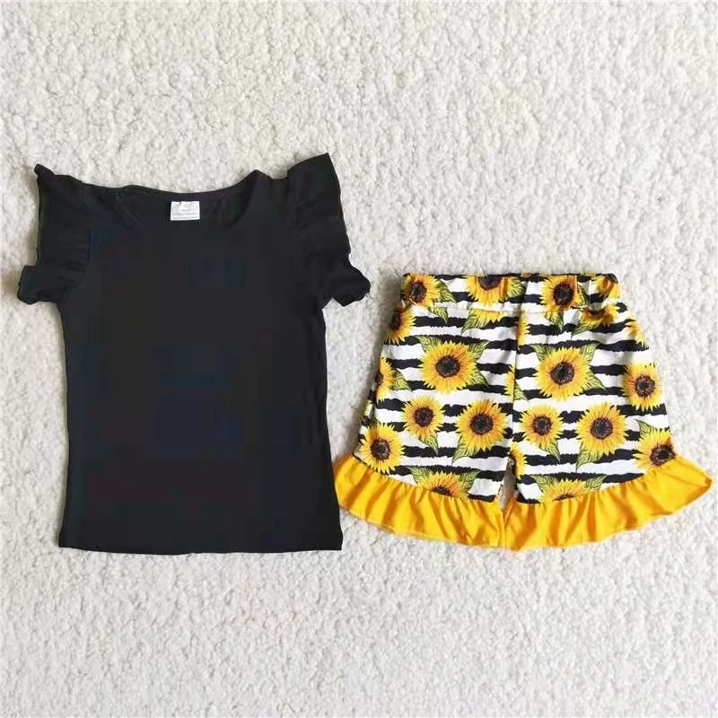 

boutique kids clothing set baby girl 2 pcs outfit short sleeve black top and sunflower shorts toddler summer clothes set