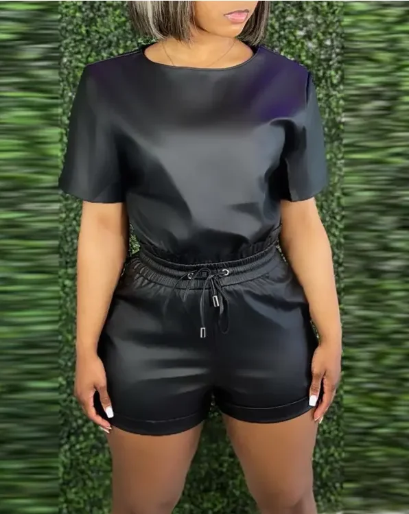 

women fashion summer PU Leather Casual Top & Drawstring Shorts Set