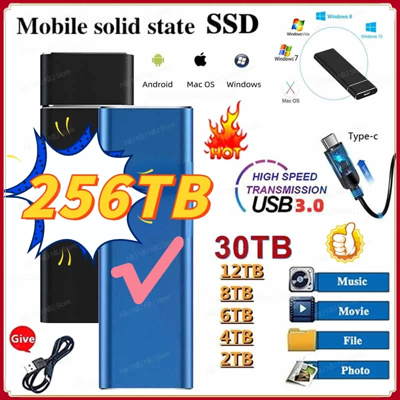 

256TB Portable 1TB SSD External Solid State Disk 2TB High Speed Hard Drive 4TB Hard Disk Storage Device for PC Mac Laptop Ps4