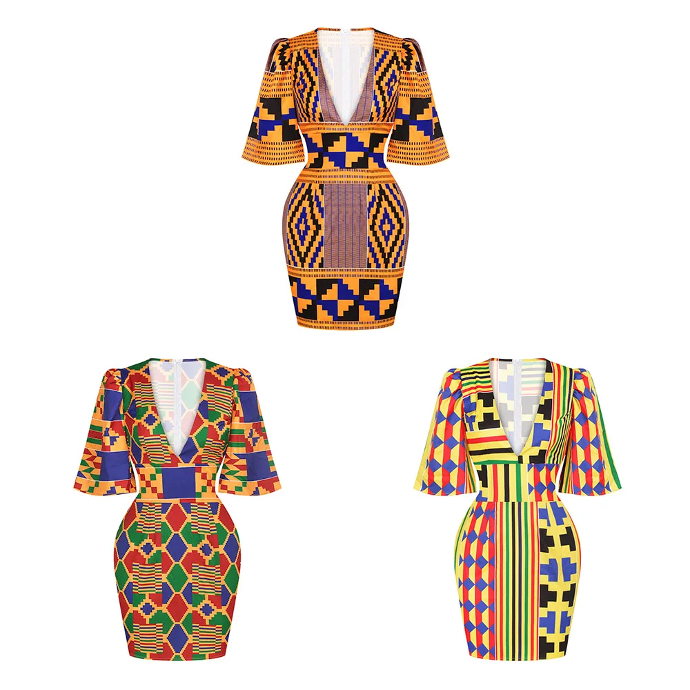 

African Ankara Print Bodycon Dress Women African Clothes 2022 Fashion Sexy V Neck Flared Sleeve Party African Dresses for Women