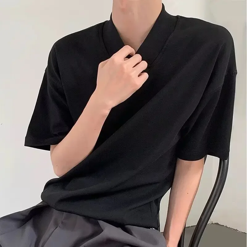 Летняя однотонная мужская футболка свободного покроя с v-образным вырезом