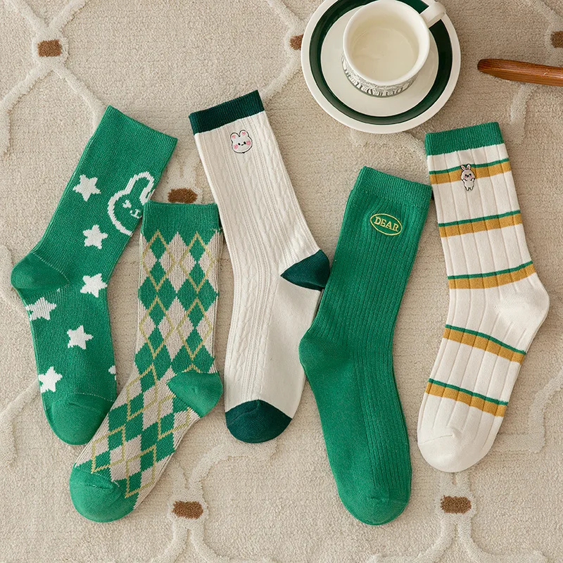 New pile pile socks in the tube green Japanese plaid girl student cotton socks