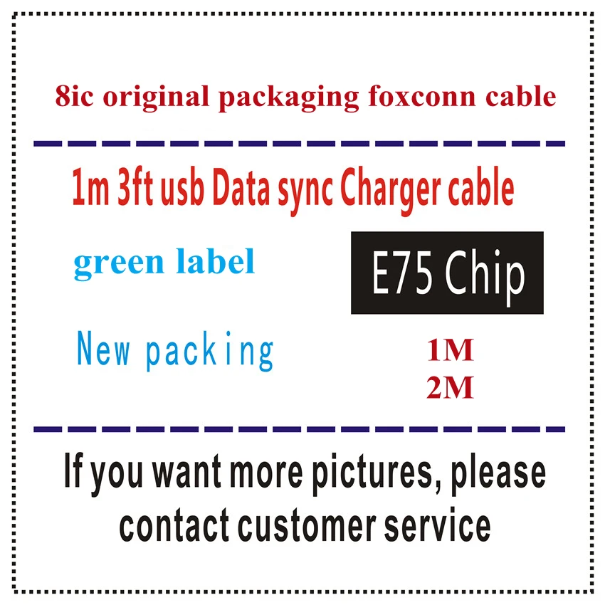 

10pcs/lot Original New Box 1m/3ft 2m/6ft 8IC E75 Chip OD:3.0mm Data Sync USB charger Cable for Foxconn for11 7 8 Plus XR XS MAX