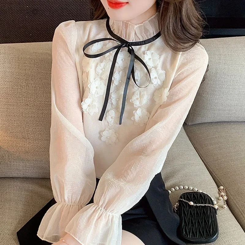 Модная женская блузка с воротником-стойкой и цветочным бантом Рубашки Топы