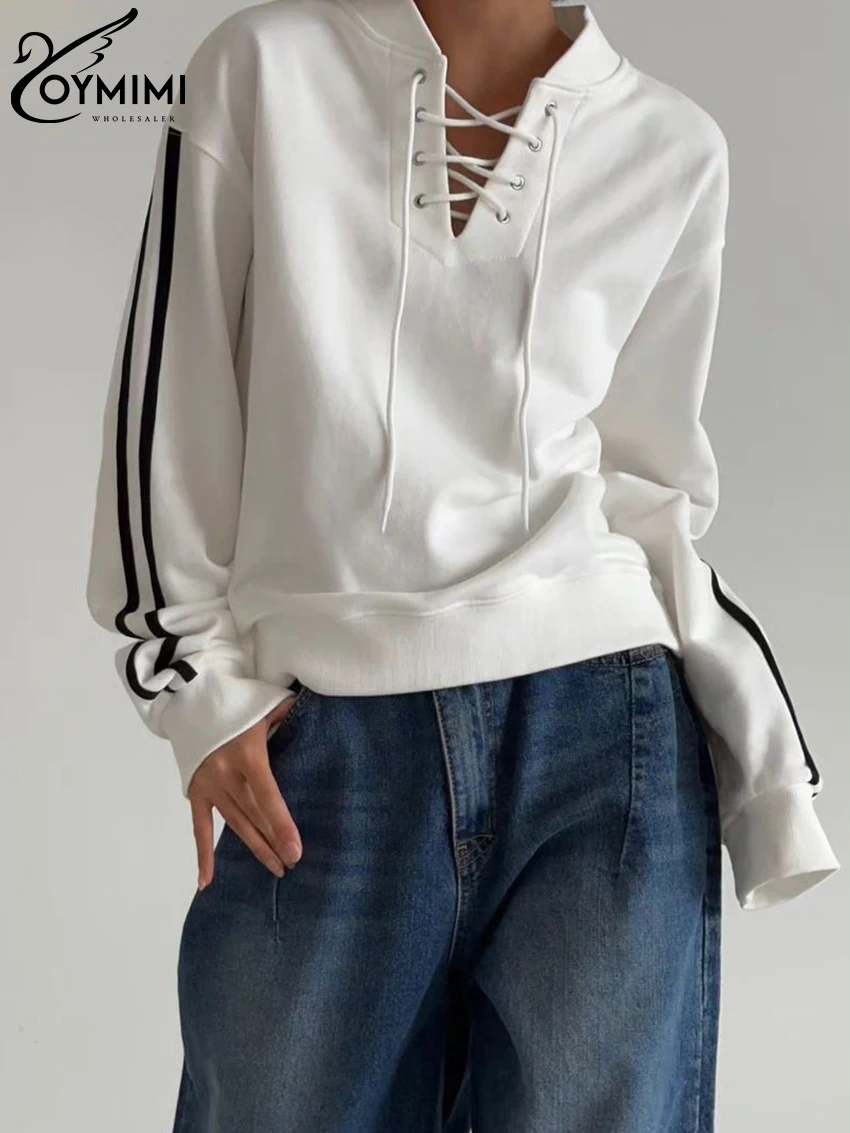 

Oymimi Fashion Loose White Women'S Top 2023 Elegant Stand Collar Long Sleeve Top Casual Chic Bandage Tops Female Clothing