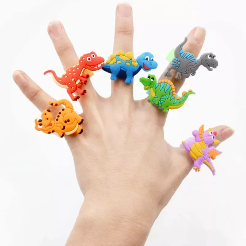

6pcs Cartoon Dinosaur Rubber Rings Party Favors Happy Birthday Party Decorations Kids Toy Gift Tropical Jungle Party Supplies