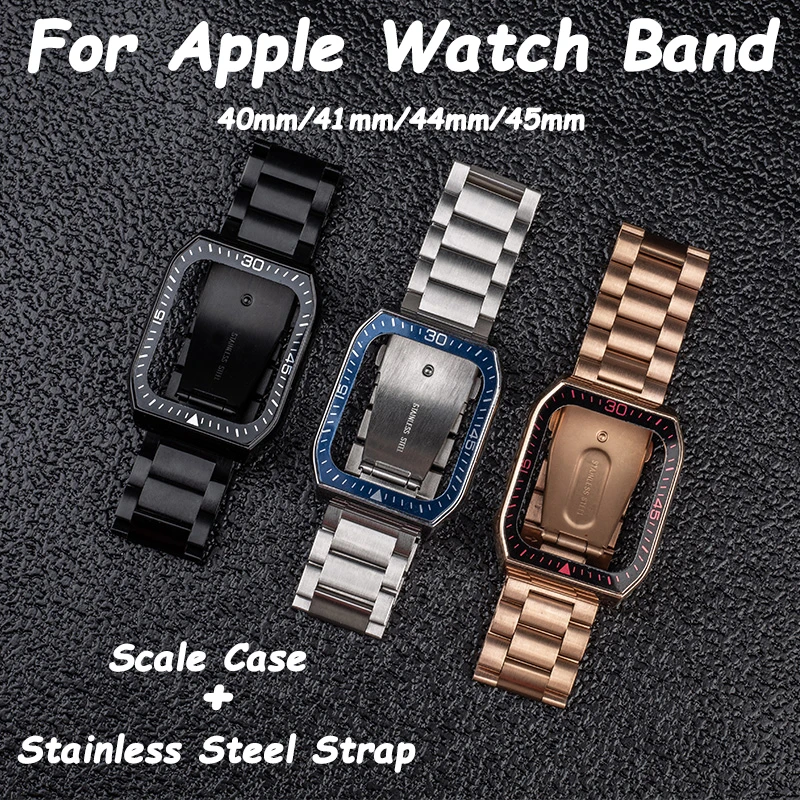 

Stainless Steel for Apple Watch Band 40mm 44mm Metal Scale Case for iwatch band 7 41mm 45mm Strap with Bezel Watch Accessories