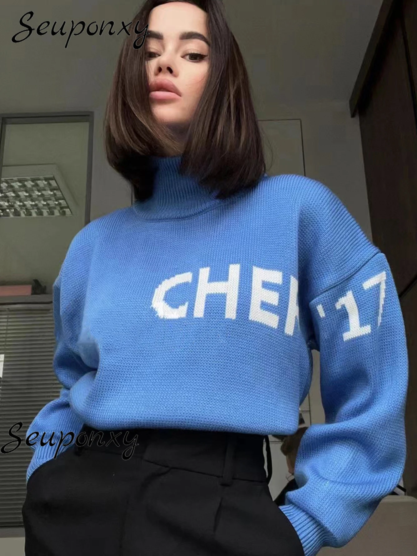 

Женский свободный вязаный пуловер с высоким воротником и длинными рукавами-фонариками, модный Повседневный свитер с надписью, 2022