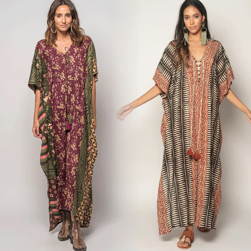 

Пляжная накидка, позиционирование, принт спереди и сзади, v-образный вырез, шнуровка, Пляжное курортное платье, бикини, Солнцезащитная рубаш...