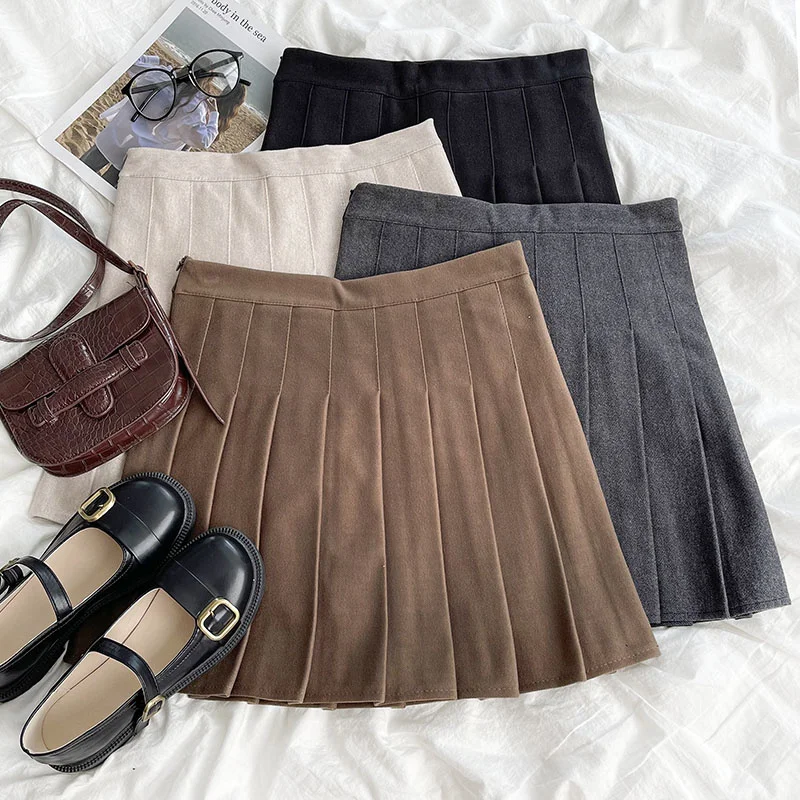 

Women Pleated High-waisted Skirts Harajuku All-match Elegance Autumn Winter Fashion Sweet Casual Solid Color A-line Chic Skirts