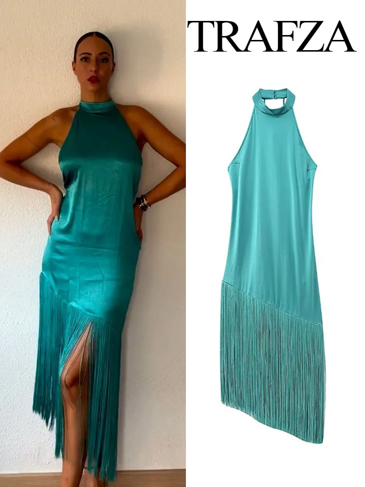 

TRAFZA Summer Slim Dresses Women Trendy Solid Color O-Neck Button Sleeveless Asymmetrical Tassel Decorate Female Elegant Dresses