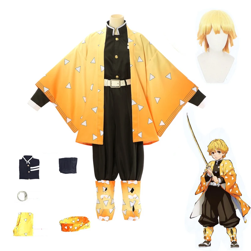 

Agatsuma Zenitsu Cosplay Costume Wig Anime Demon Slayer Kimetsu No Yaiba Women Kimono Uniform Halloween Christmas Party Clothes