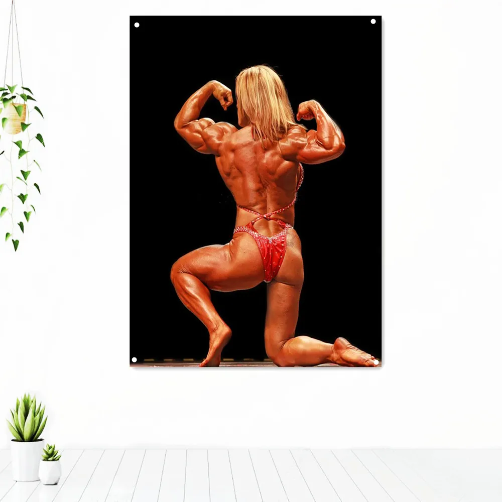 

Female Bodybuilder Rear Double Biceps Pose Exercise Tapestry Wall Art Gym Decor Fitness Workout Inspirational Poster Banner Flag
