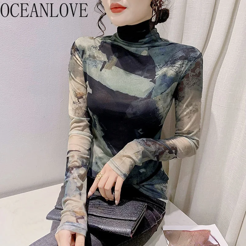 

Водолазка с принтом Tie Dye, женские топы, винтажные облегающие корейские рубашки ashion, Женская универсальная осенне-зимняя футболка