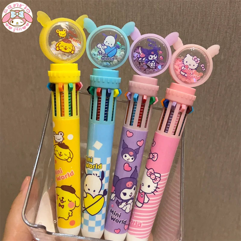 

Sanrio 6/12pcs Quicksand Ten-color Ballpoint Pen Kuromi Hello Kitty Cartoon Student Stationery 0.7 Note Marker School Office Pen