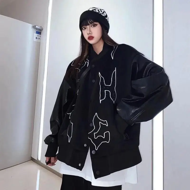 

Leather Coat Women's Bomber Jacket Autumn 2021 New Preppy Style Loose Casual Harajuku Coat All-match Y2k Vintage Baseball Jacket