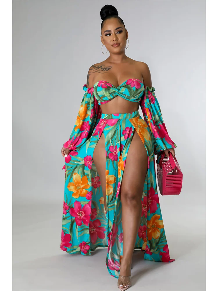 

Women's Sexy Two Piece Skirt Set Puff Sleeve Crop Bra and Slit Hem Skirt Bohemia Beach Off Shoulder Summer Floral Print Outfit