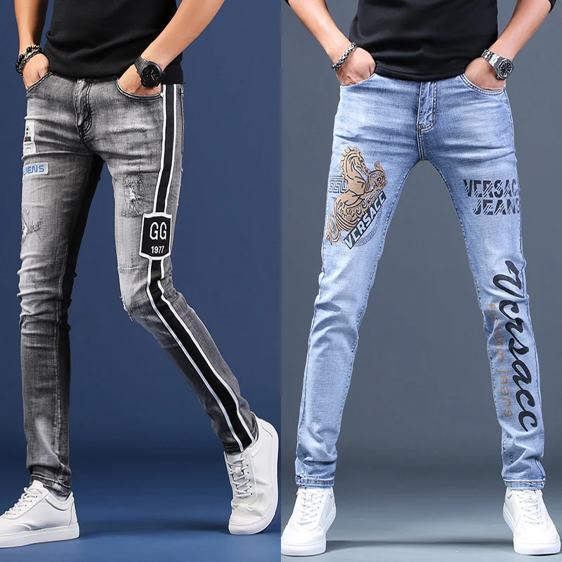 

Мужские высококачественные облегающие джинсы с принтом, женские роскошные Стрейчевые джинсовые брюки, поцарапанные уличные джинсы, Корейская версия повседневных джинсов