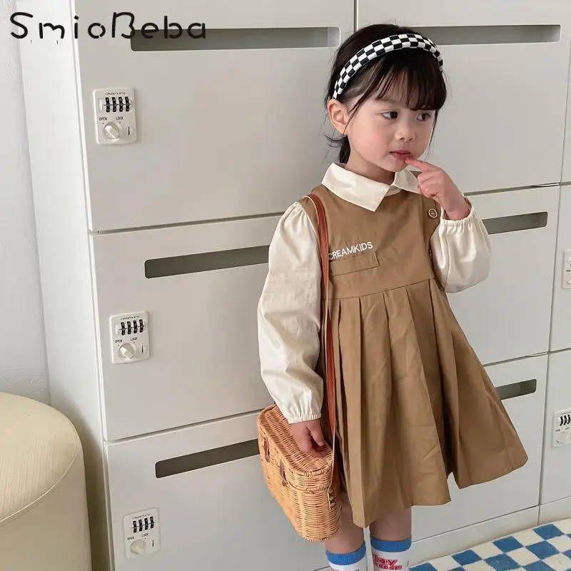 

2022 Newest Girls' Dress Korean Pleated Long Sleeved Lined Skirt Children's Cotton Lapel Turn Down Collar Toddler Vestidos De Bb