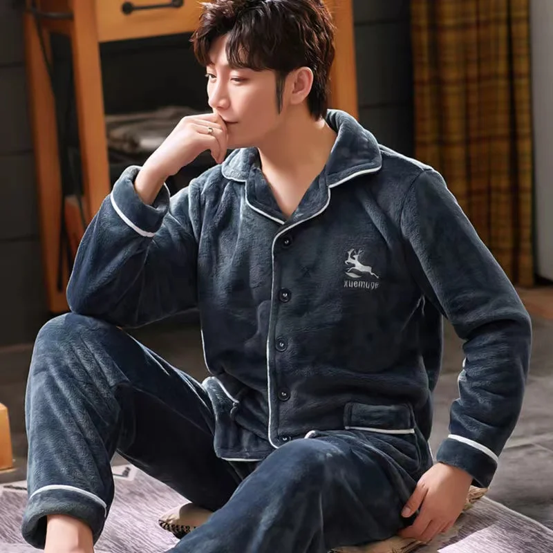 New Winter Thicken Warm Flannel Pajama Sets Men Coral Fleece Sleepwear 2pcs/Set Tops + Pants Home Clothes Male Pyjamas