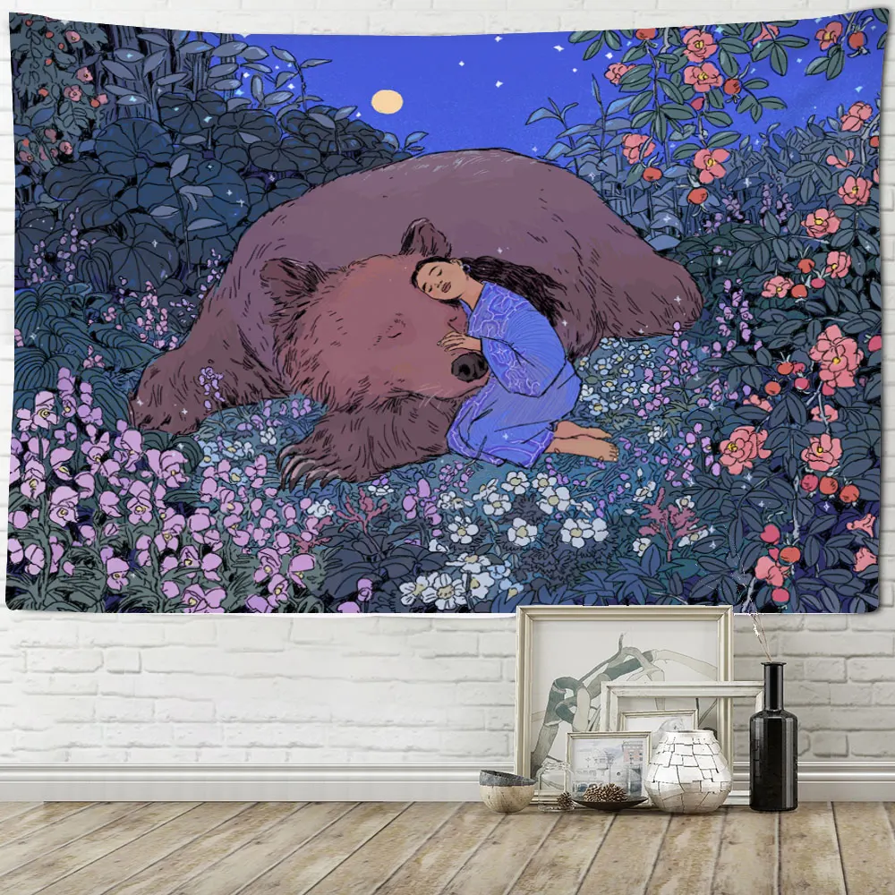 

Mysterious Forest Tapestry Wall Hanging Flower Jungle Animal Moon Ocean Landscape Illustration Tapestry for Home Room Decor