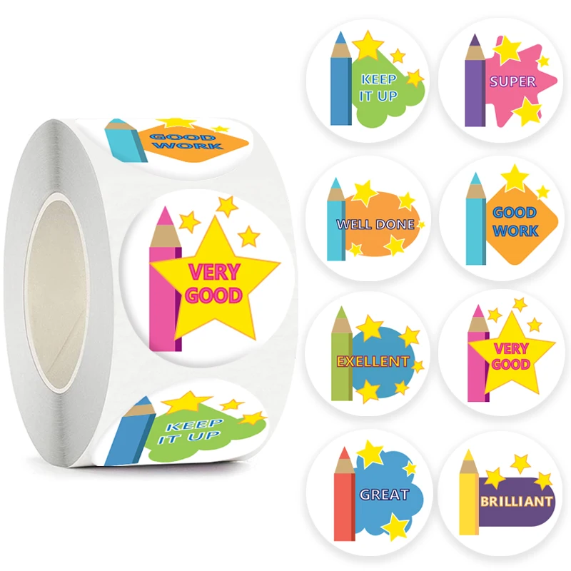 

Star Pencil Sticker for Kids 50-500pcs Round Cute Classroom Teacher Encouragement Praise Student Cartoon Reward Children Sticker