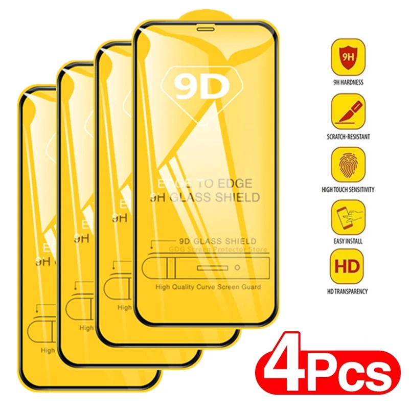 4Pcs Tempered Glass for IPhone 11 X XR XS MAX 7 8 Plus Screen Protectors for IPhone 13 Pro Max 12 Mini SE3 9D Full Cover Glass
