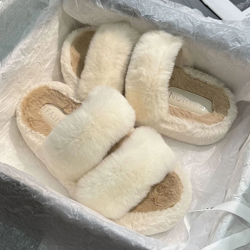 Зимние теплые меховые тапочки женские 2024 модные плюшевые домашние с ремешком
