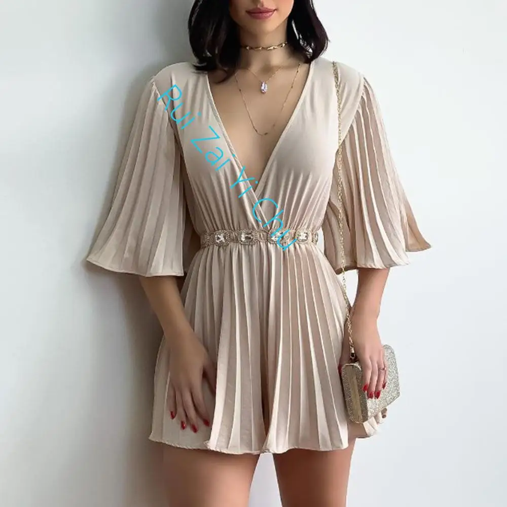 

Женский элегантный комбинезон с коротким рукавом, сексуальные комбинезоны с глубоким V-образным вырезом для женщин, модные плиссированные облегающие костюмы-кюлоты, пляжные костюмы, лето 2023