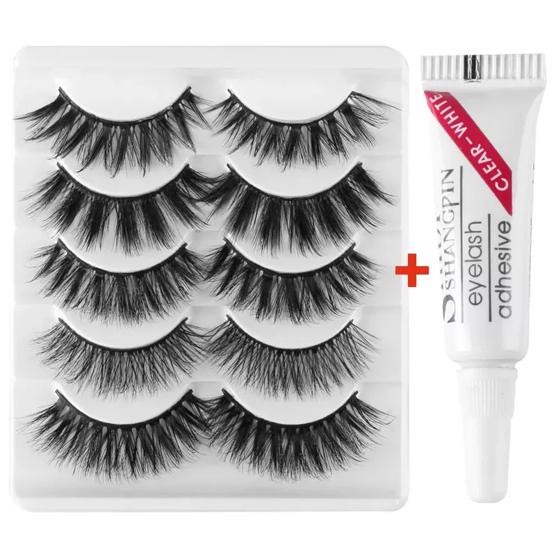 

5 Pairs 3D Soft Mink False Eyelashes with glue Wispies Mixed Styles Natural Long Mink Lashes Handmade Full Strips Eyelash Makeup