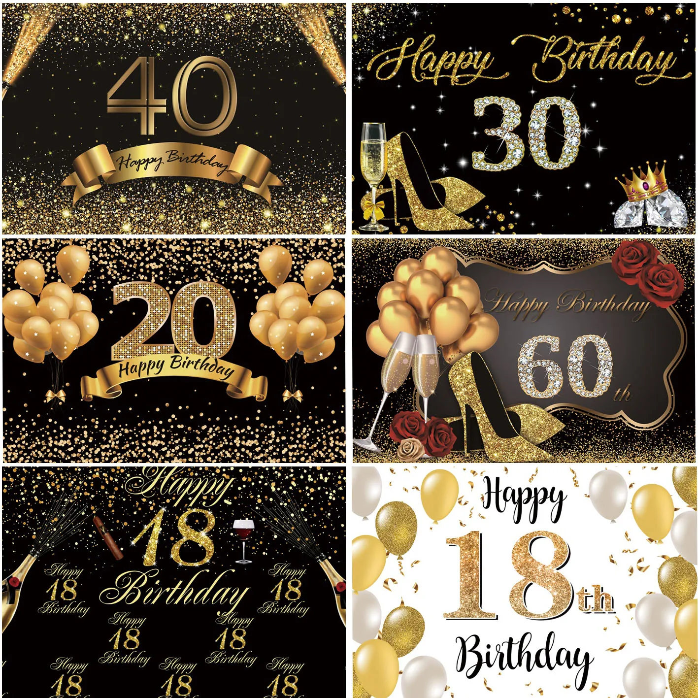 

Happy Birthday Party Backdrops Photography Golden Glitters Dots Balloons Family Portrait Photo Studio Backgrounds Banner Props