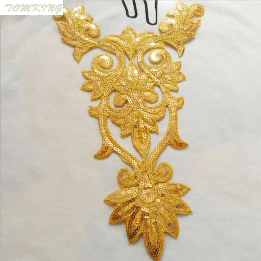 

New big patches Silk collar dress stage sequins Embroidered Iron On gold silver Patch Cloth paste for clothes bag DIY