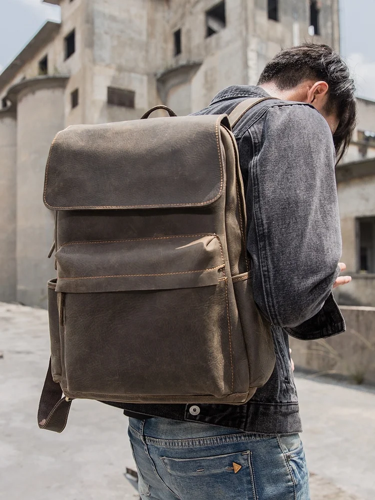 

Мужской рюкзак из потертой кожи, повседневная дорожная Сумочка в британском стиле ретро, портфель для компьютера из воловьей кожи Crazy Horse