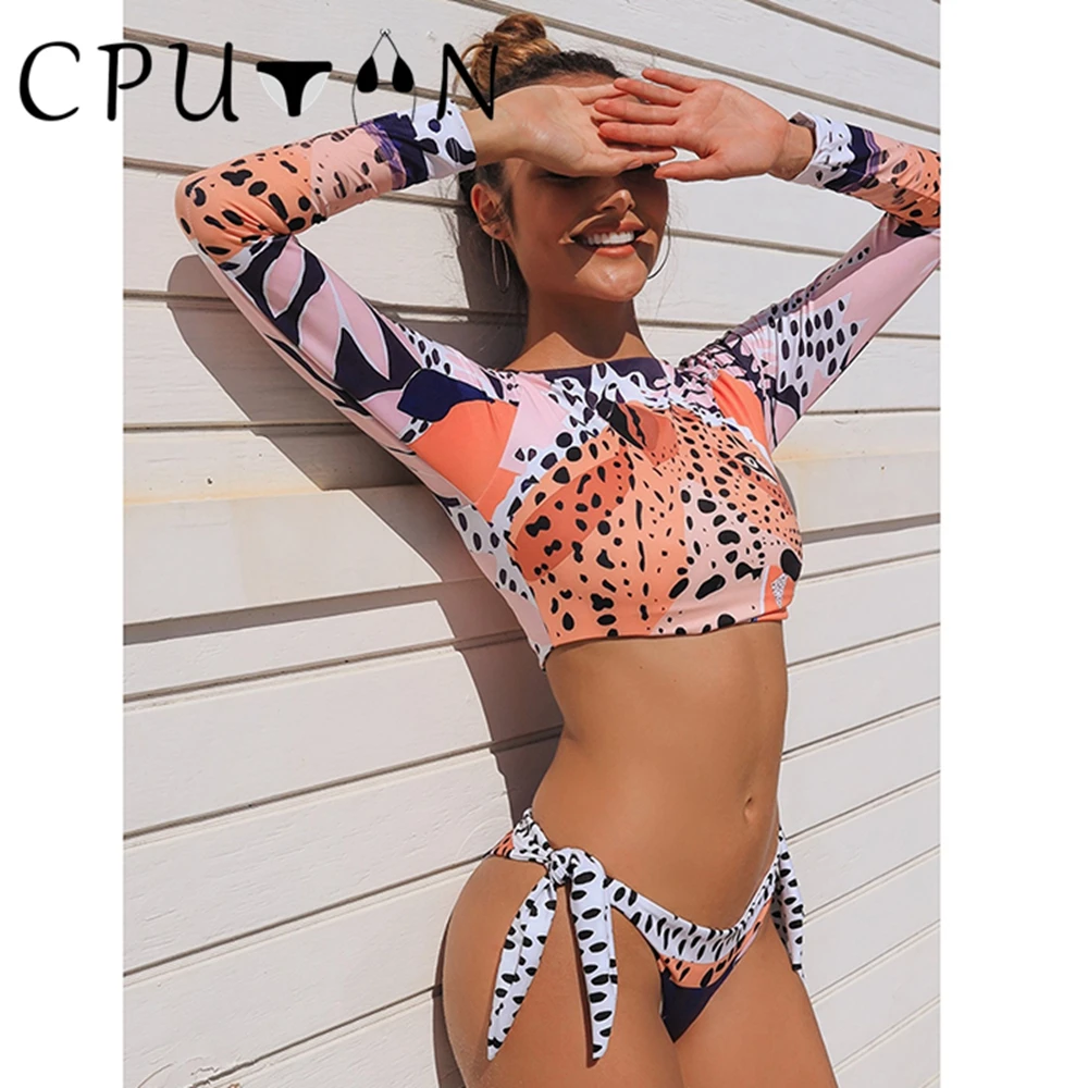 

CPUTAN 2023 Sexy Two Piece Bikinis Set Women Crop Top Print Swimwear Long Sleeve Swimsuit Sexy Surfing Beachwear Bathing Suit
