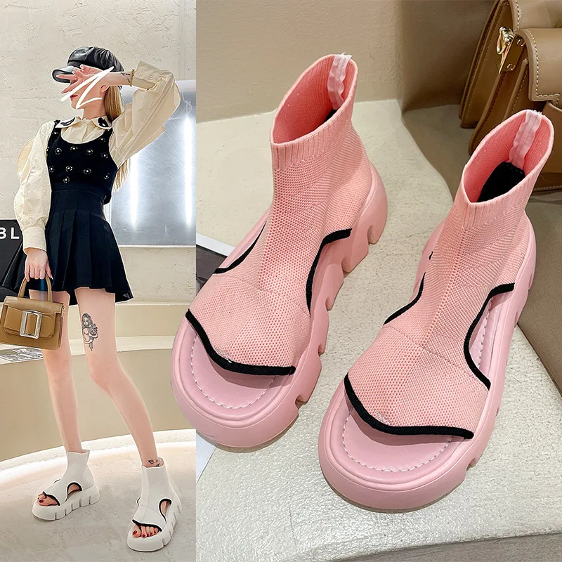 

New Web Celebrity Sandals Female Ins 2022 Summer Knitting Socks Sandals Boots Women Platform Peep Toe Open Toe Roman Shoes