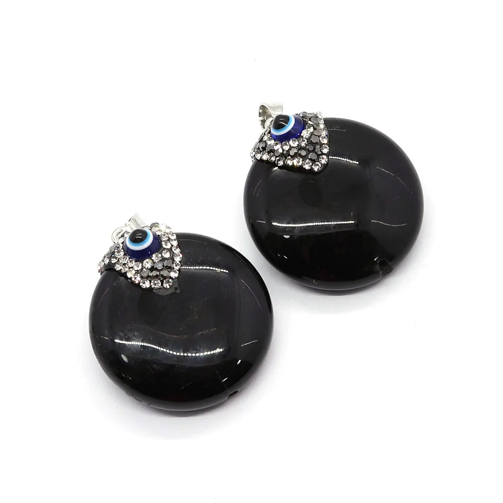 

Natural Stone Nearly Round Black Agate Pendants Inlaid Turkish Eye Jewelry for DIY Making Necklace Earring Charms Accessories