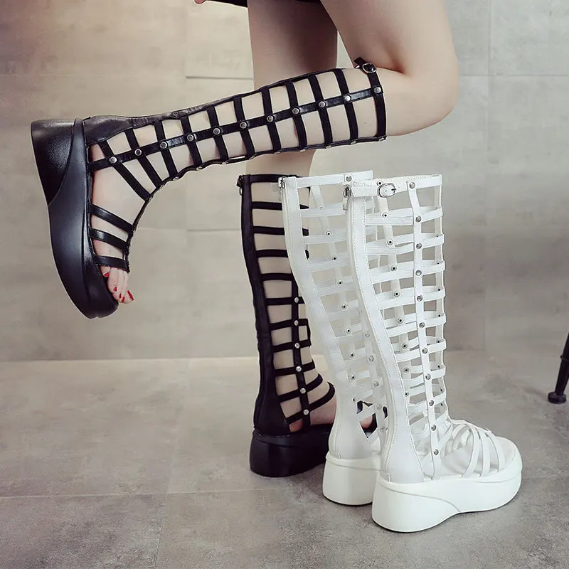 2022 Women's Summer Boots Women Shoes Fashion Cutout High Top Sandals Breathable Striped Roman Shoes Platform Boots Thigh High