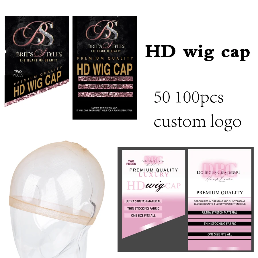 50/100Packs Custom Your Own Brand For Hd Stocking Wig Cap Custom Packaging For Hd Sheer Wig Cap Invisible Stocking Wig Cap