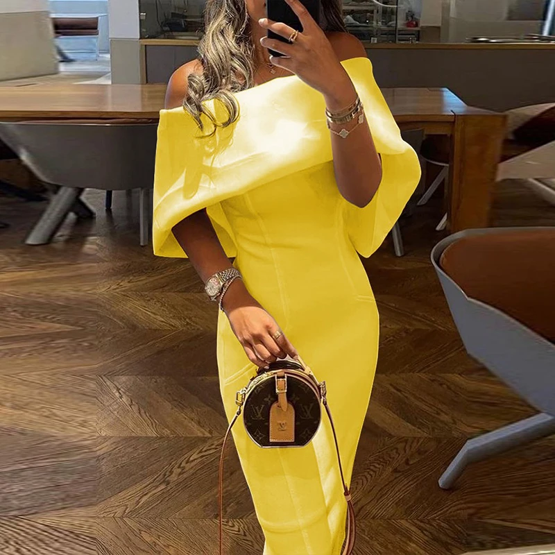 

Women's Casual Solid Color Long Dress Elegant Off Shoulder Cape Design Skinny Party Dress Autumn Fashion Back Bow Dress Vestido