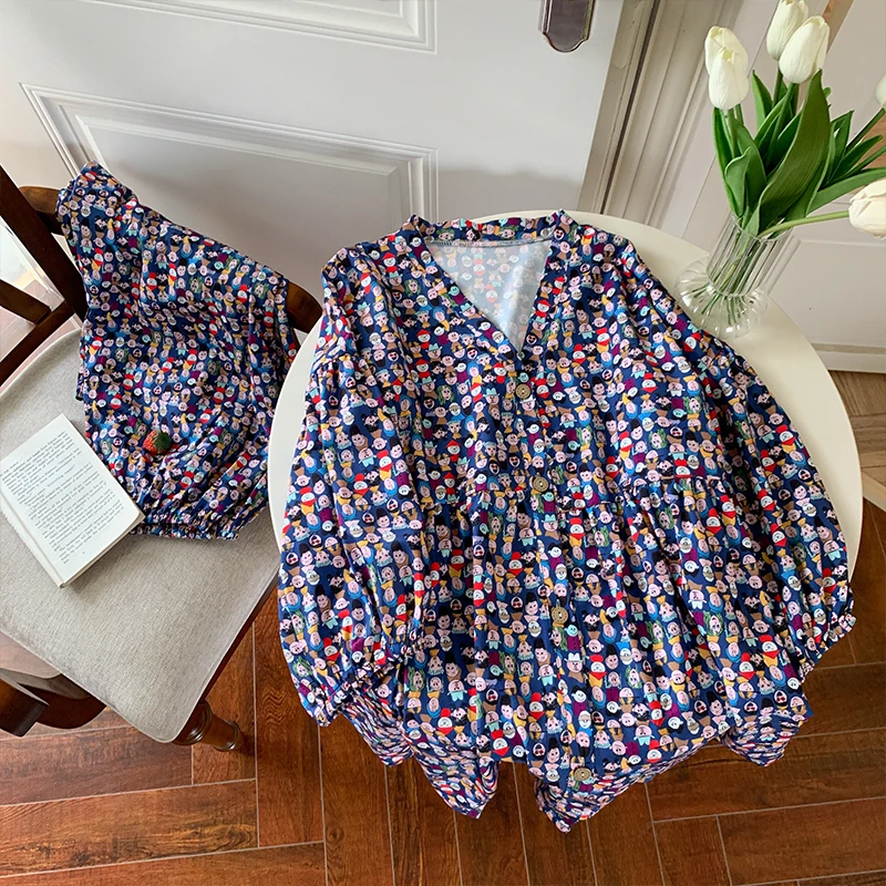 CAIYIER 2022 Women Cotton Gauze Pajamas Set Korean V-Neck Long Sleepwear Autumn Winter Soft Nightwear Sweet Kawaii Loungewear